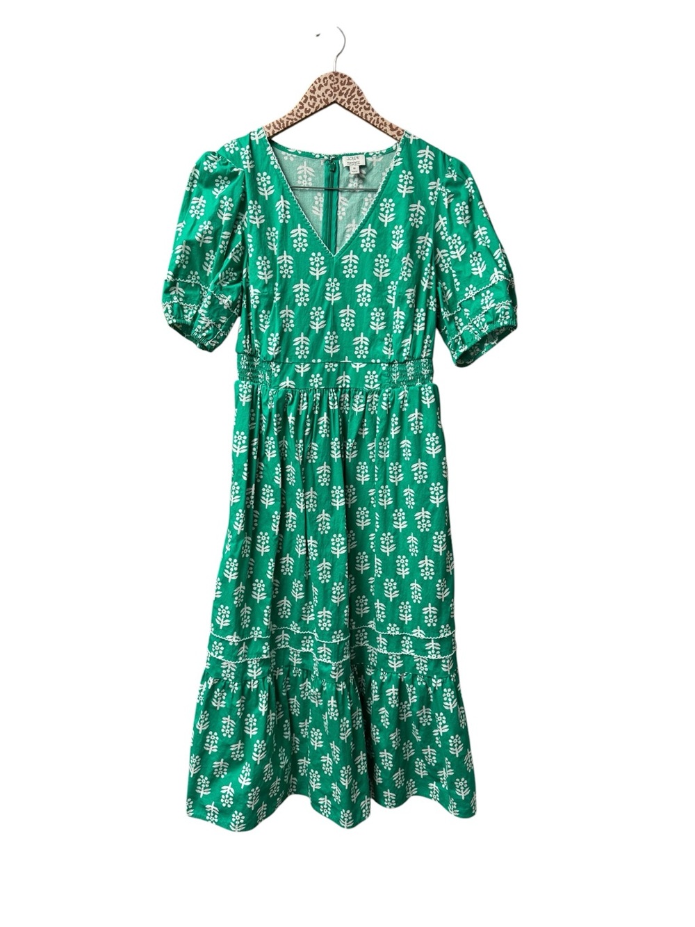 J. Crew Factory Block-Print Puff-Sleeve Midi Dress Emerald Beryl 10 - Picture 3 of 16